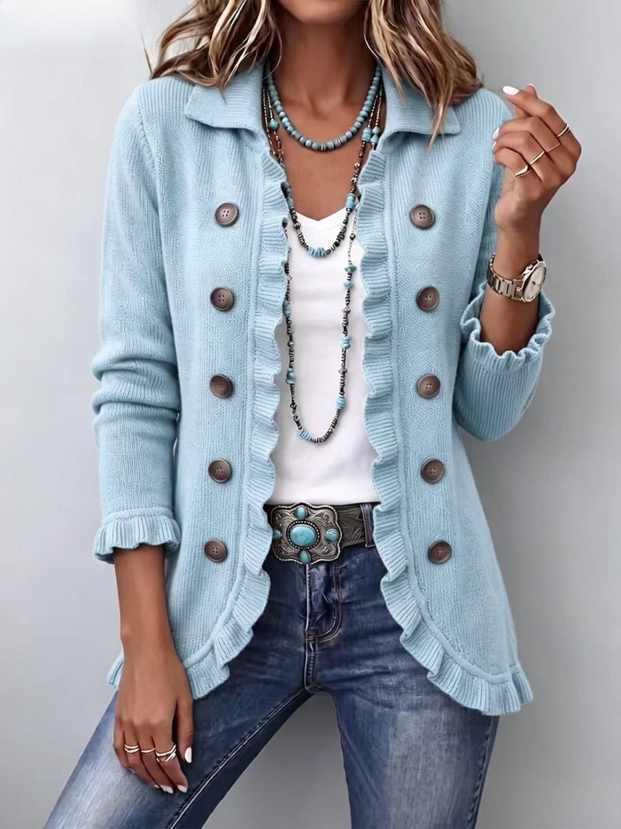 Cecilia | Giacca in Maglia Azzurro Polvere con Volant