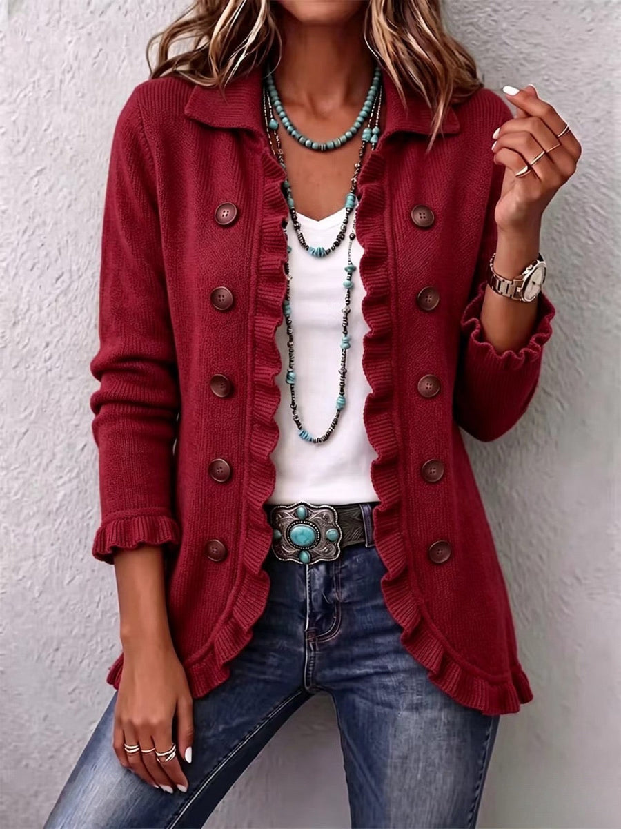 Rosalia | Giacca in Maglia Rosso Rubino con Volant