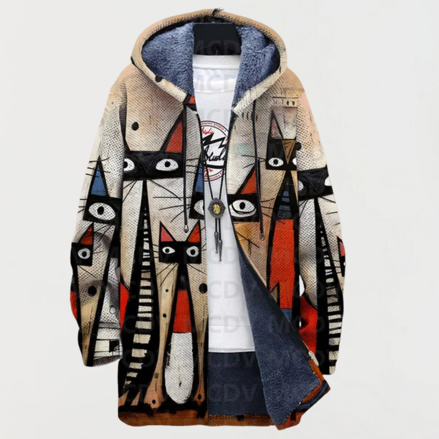 Thea | Cardigan con cappuccio e gatti disegnati a tratto