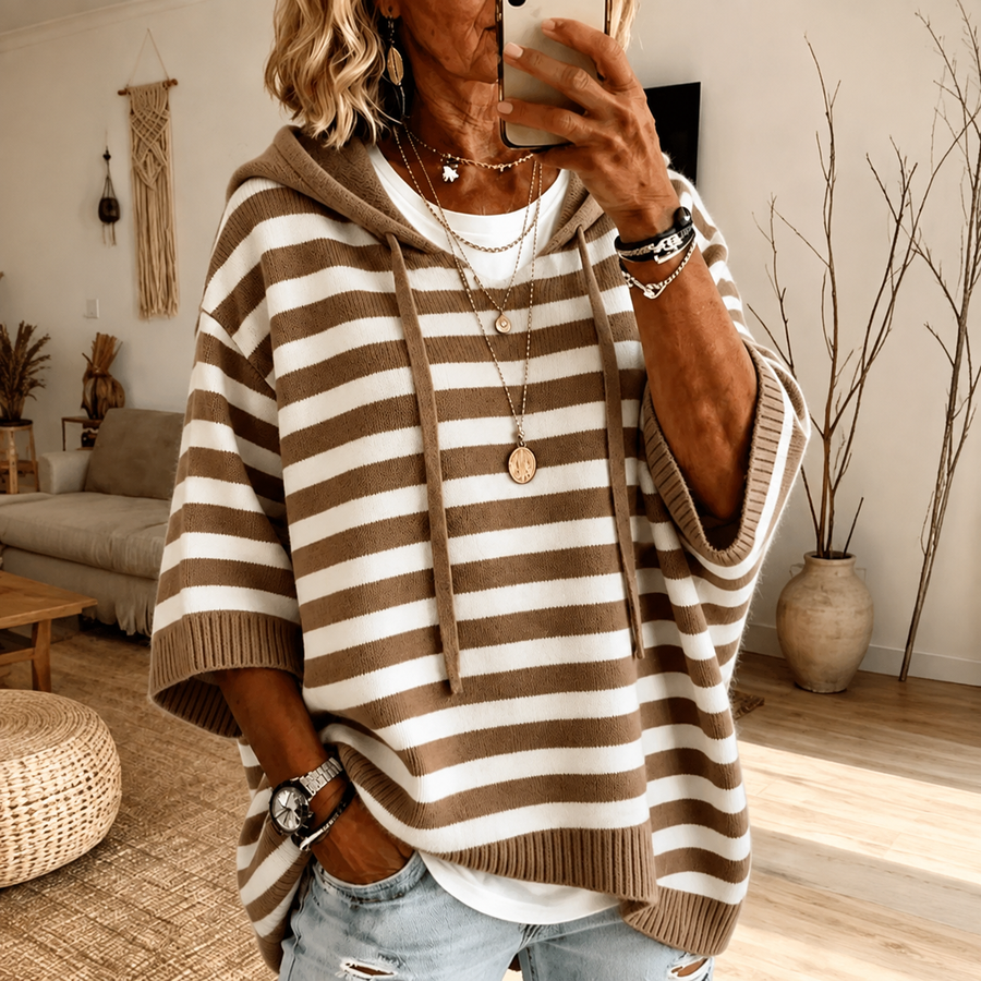 Matilde | Maglia poncho a righe color tortora con cappuccio