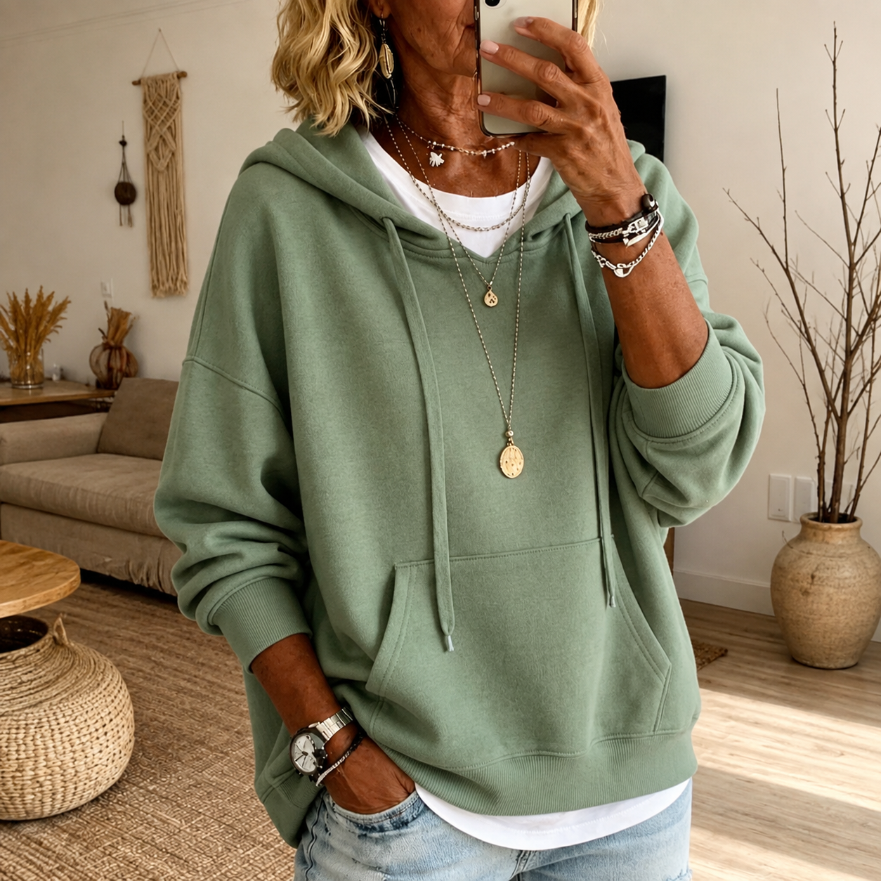 Amanda | Maglia oversize verde salvia con cappuccio