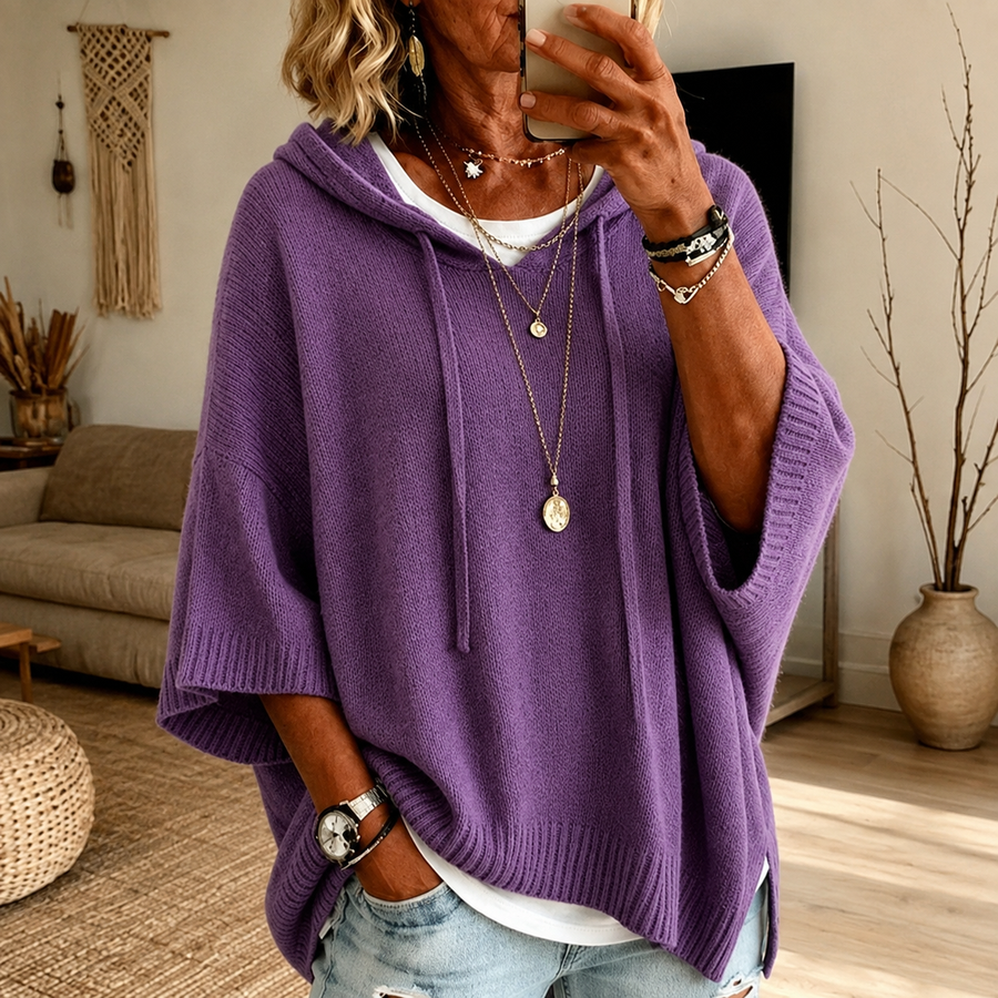 Elena | Maglia poncho viola con cappuccio