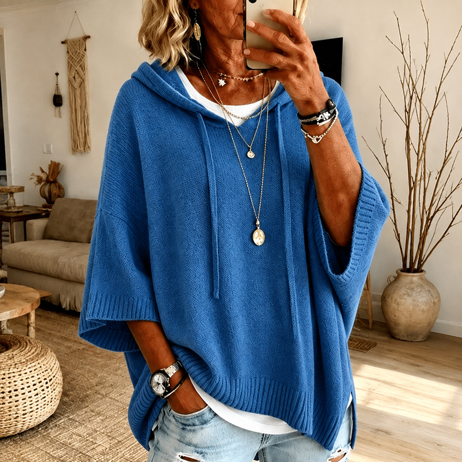 Amelia | Maglia poncho blu con cappuccio