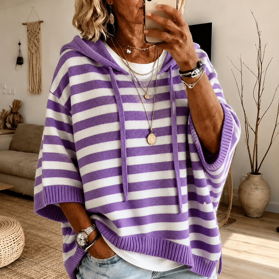 Anna | Maglia poncho a righe viola con cappuccio
