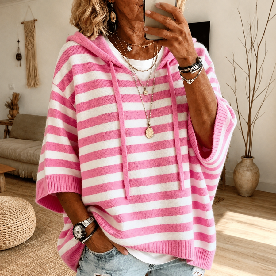 Emilia | Maglia poncho a righe rosa con cappuccio