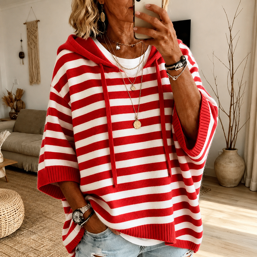 Carlotta | Maglia poncho a righe rosse con cappuccio
