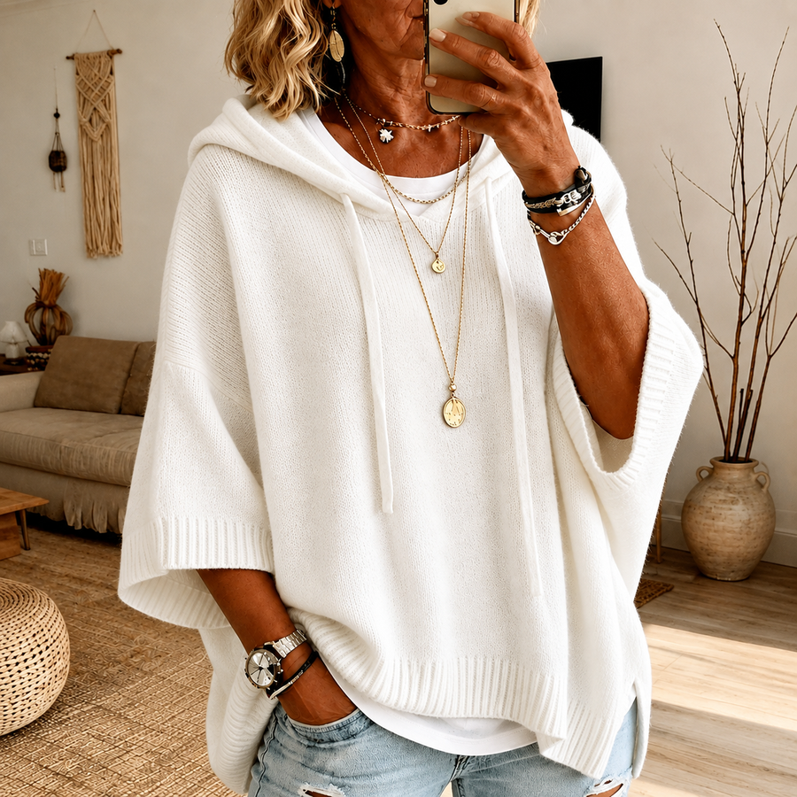 Bianca | Maglia poncho bianca con cappuccio