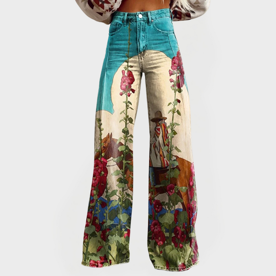 Jeans Stylés avec Motif Floral et Jambes Amples