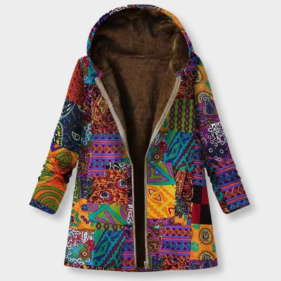 Francesca | Giacca in pile patchwork multicolore con cappuccio