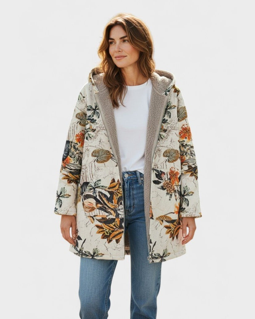 Liliana | Giacca in sherpa floreale boho con cappuccio