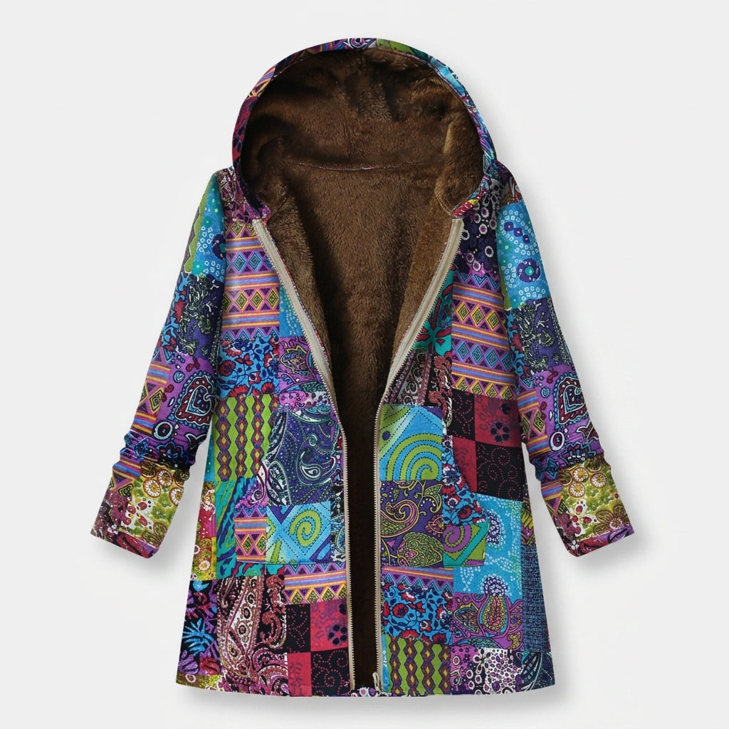 Bianca | Giacca in pile patchwork blu con cappuccio