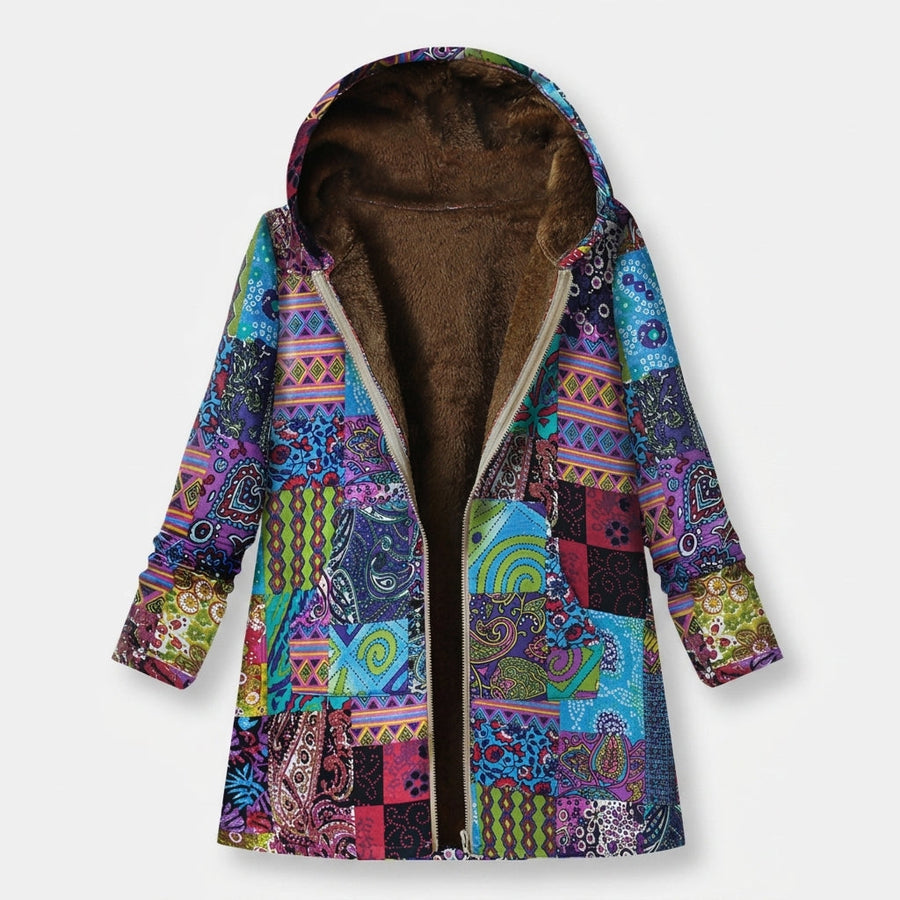 Bianca | Giacca in pile patchwork blu con cappuccio