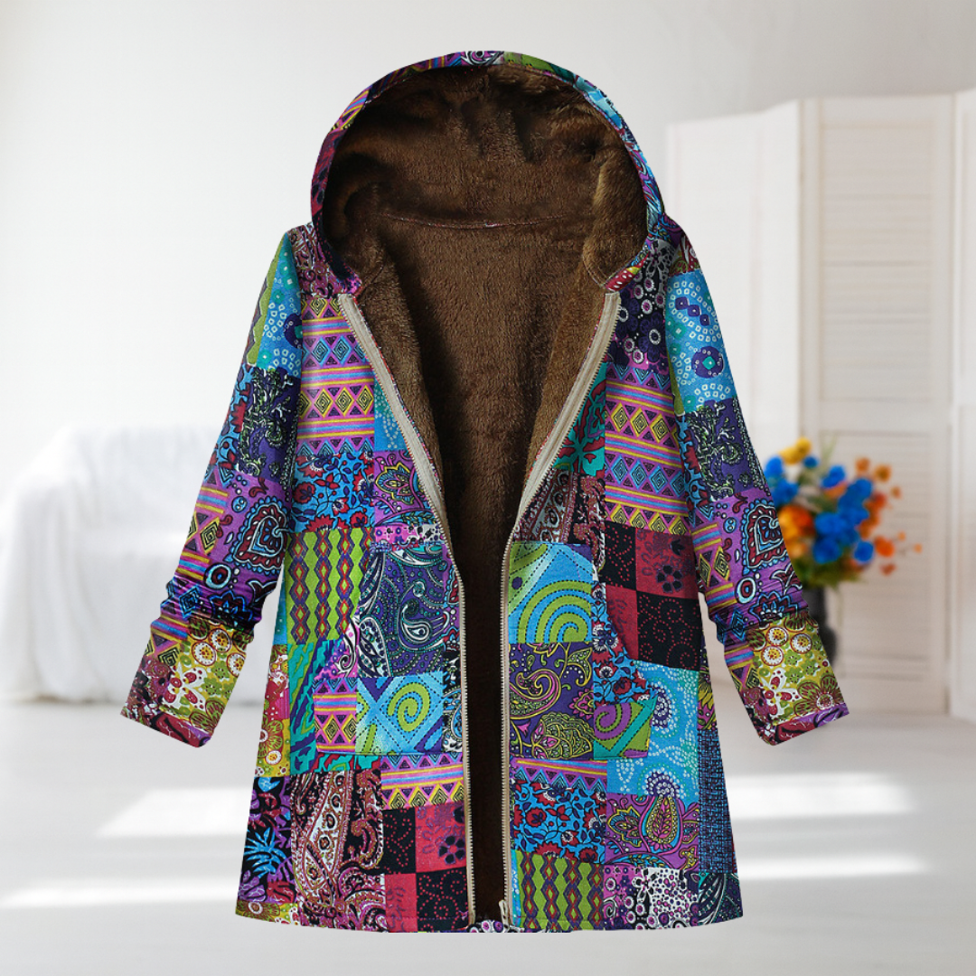 Bianca | Giacca in pile patchwork blu con cappuccio