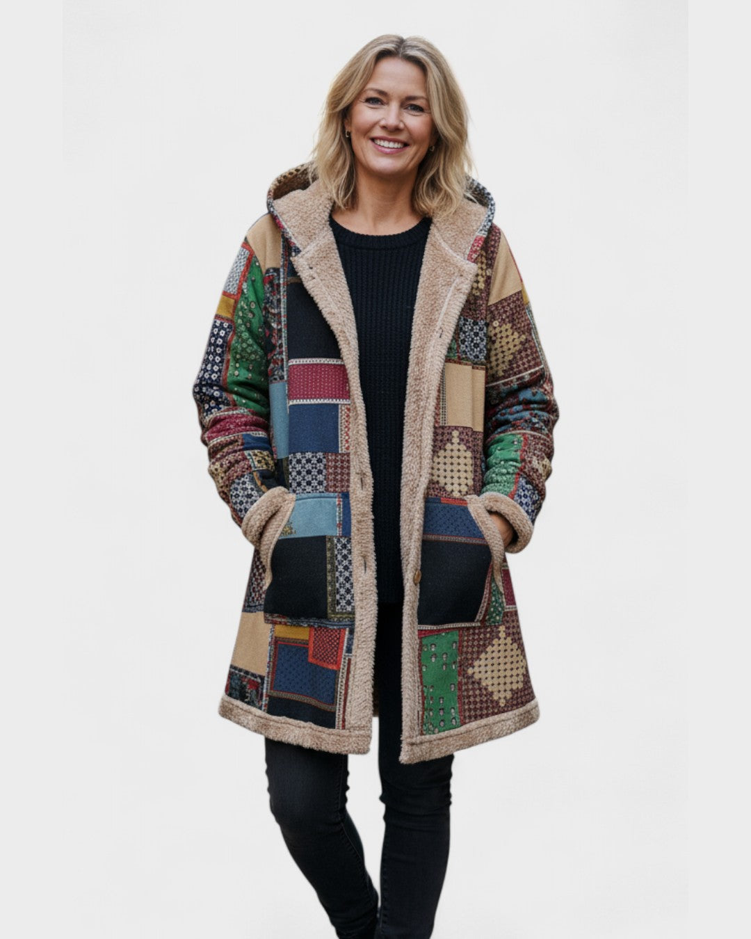 Viola | Pullover in pile patchwork nei toni della terra
