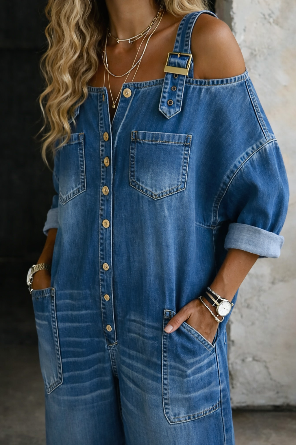 Celeste | Tuta in Denim con Spalle Scoperte