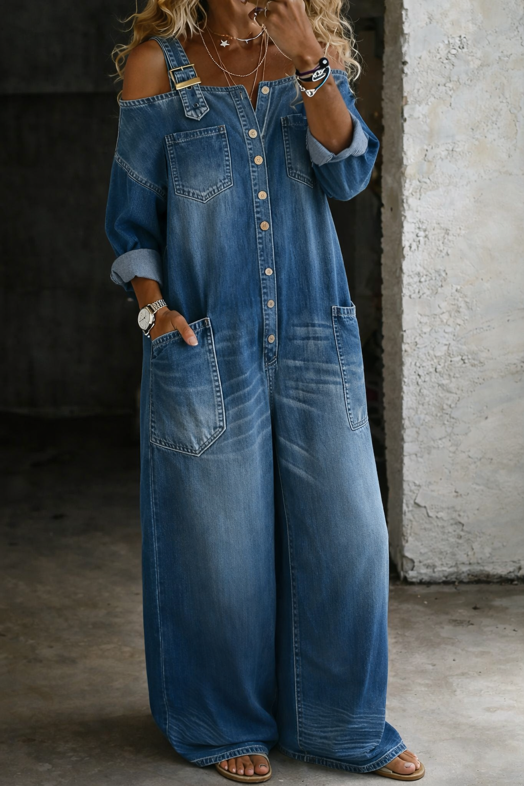 Celeste | Tuta in Denim con Spalle Scoperte