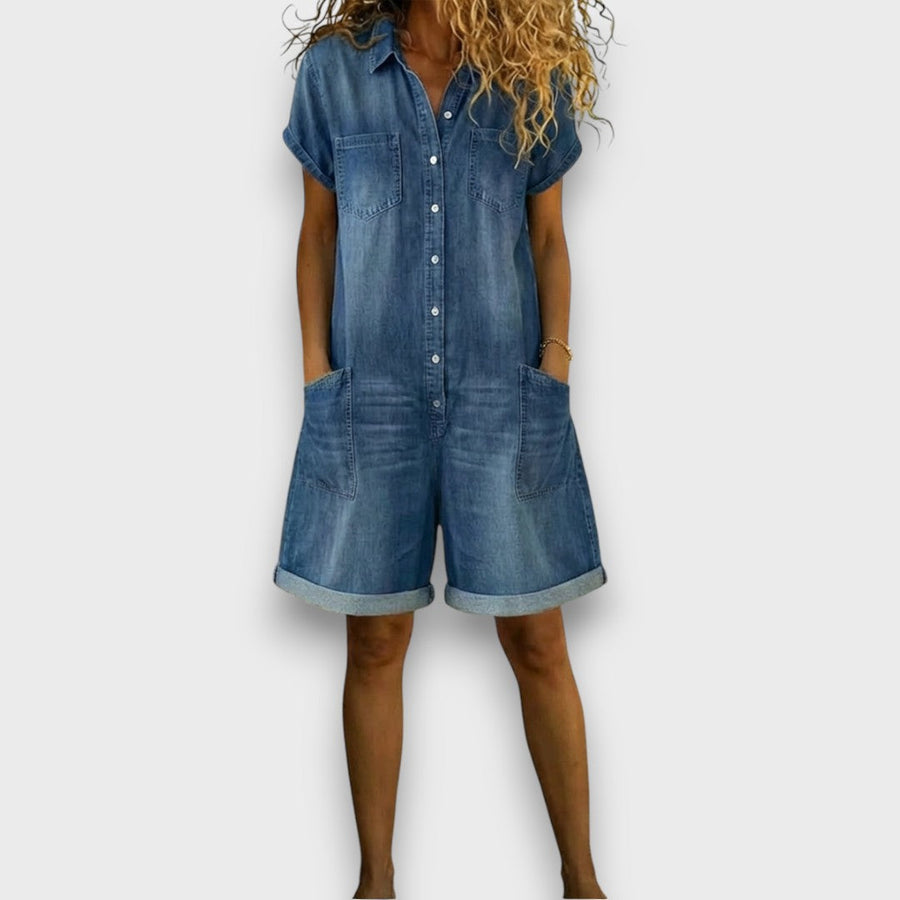 Clara | Tuta Corta Vintage in Cotone Effetto Denim