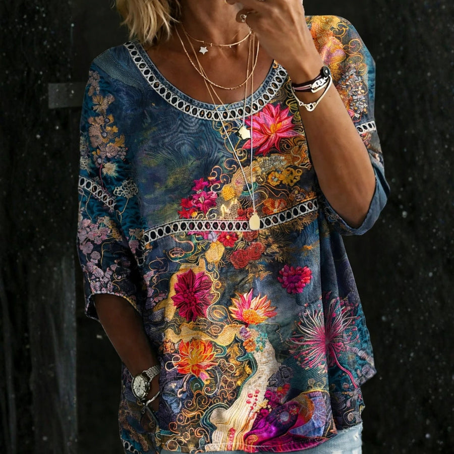 Aurelia | Blusa in Denim Vintage a Fiori