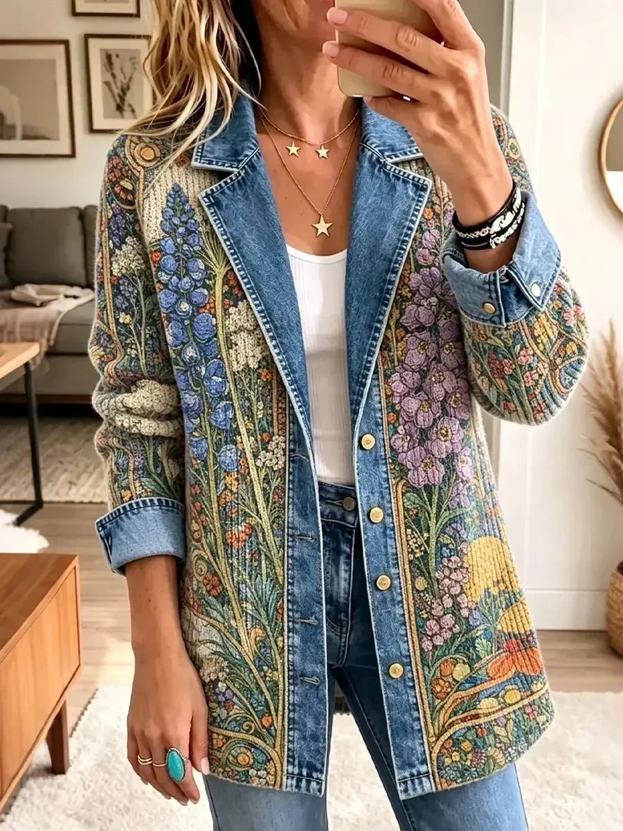 Elisabetta | Giacca in Denim con Stampa Floreale Vintage
