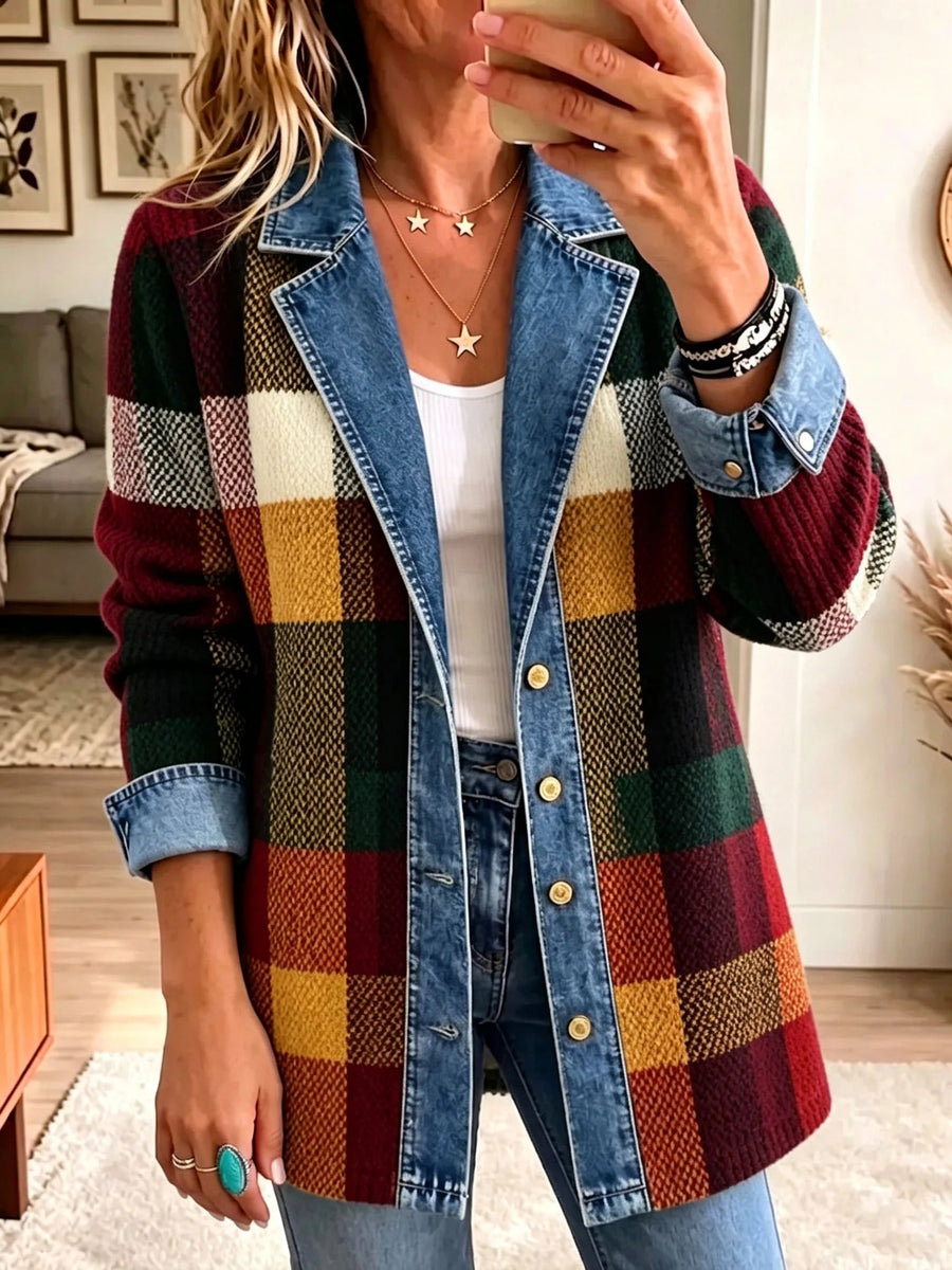 Isabella | Giacca in Denim a Quadri e Blocchi di Colore