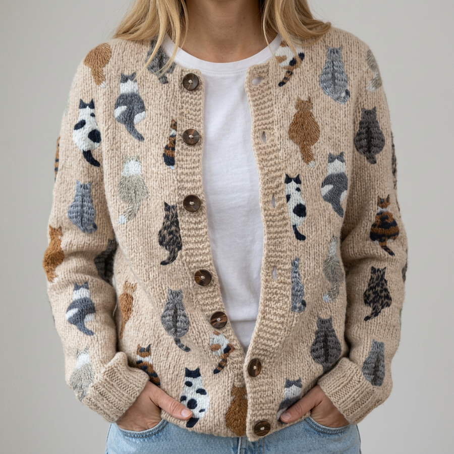 Flora | Cardigan con Motivo di Gatti