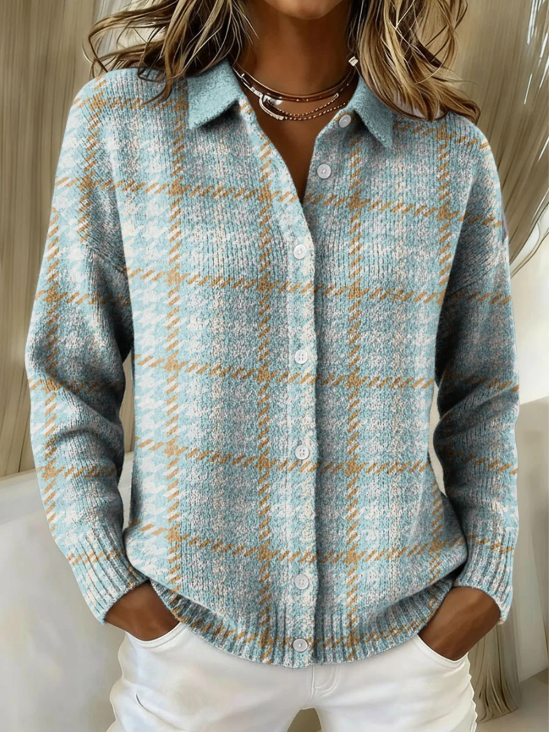 Clara | Cardigan in Maglia a Quadri Azzurri con Bottoni
