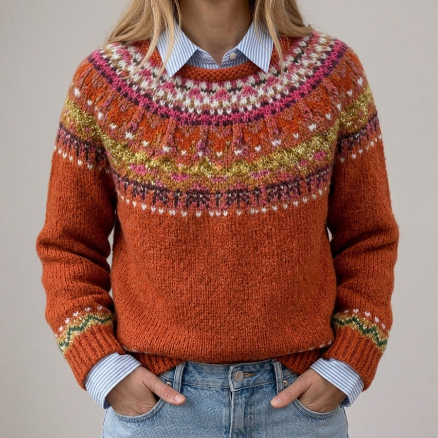Concetta | Maglione Vintage Rosso Ruggine con Motivo Norvegese