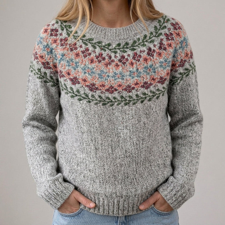 Rosaria | Maglione Retrò Grigio con Motivo Floreale