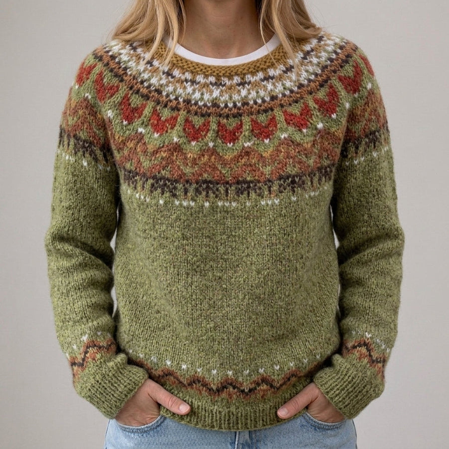 Nadia | Maglione Vintage Verde Oliva con Motivo Norvegese