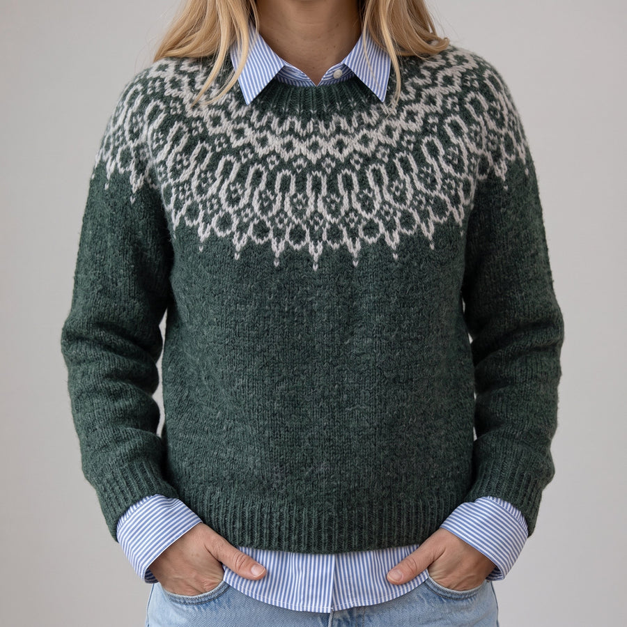 Gabriella | Maglione Vintage Verde Scuro con Motivo Fiocchi di Neve