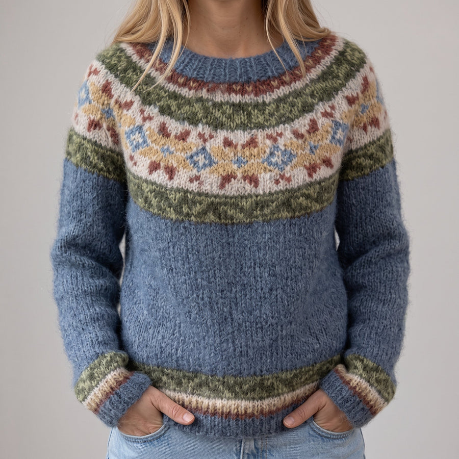 Raffaella | Maglione Retrò Blu con Motivo Floreale