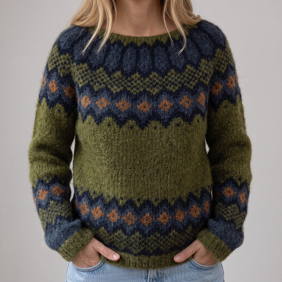 Tiziana | Maglione Retrò Verde Oliva con Motivo a Zigzag