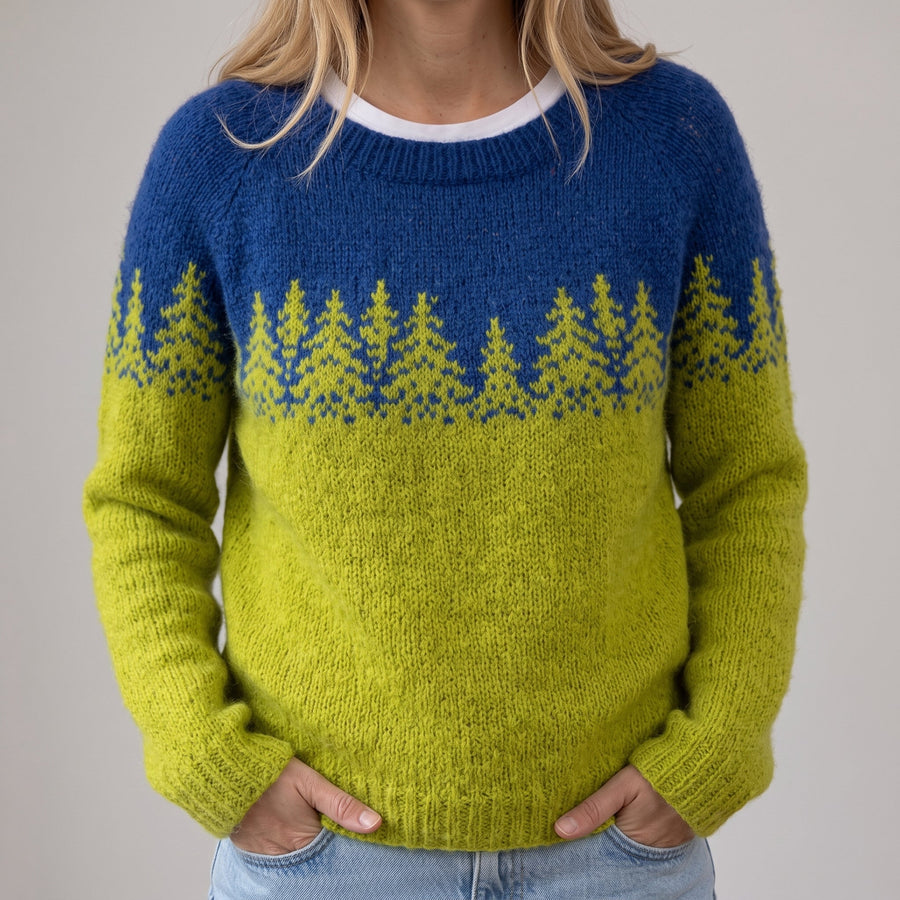 Luisa | Maglione Retrò Blu e Giallo con Motivo Abeti