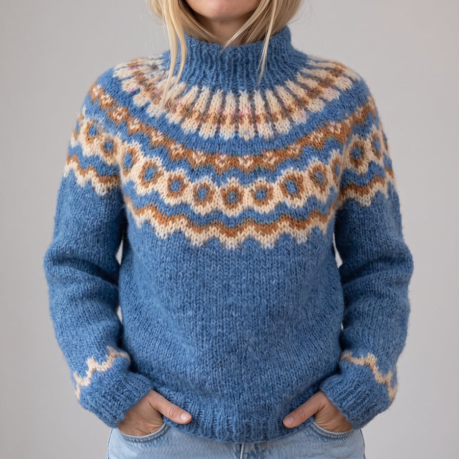 Marina | Maglione Blu a Collo Alto con Motivo Norvegese