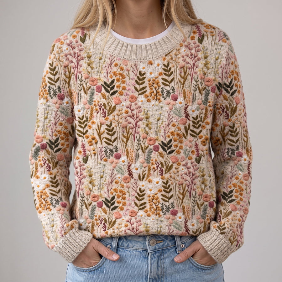 Graziella | Maglione Beige Morbido con Motivo Floreale