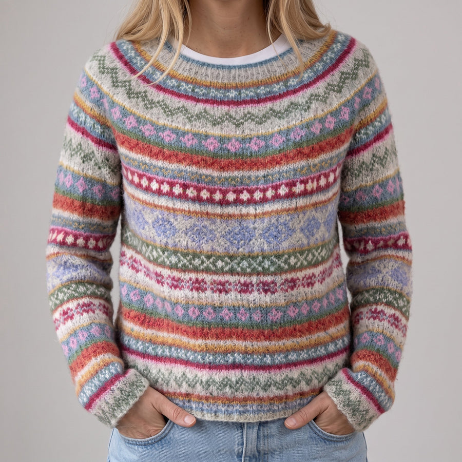 Costanza | Maglione Retrò Grigio con Motivo Norvegese Multicolore