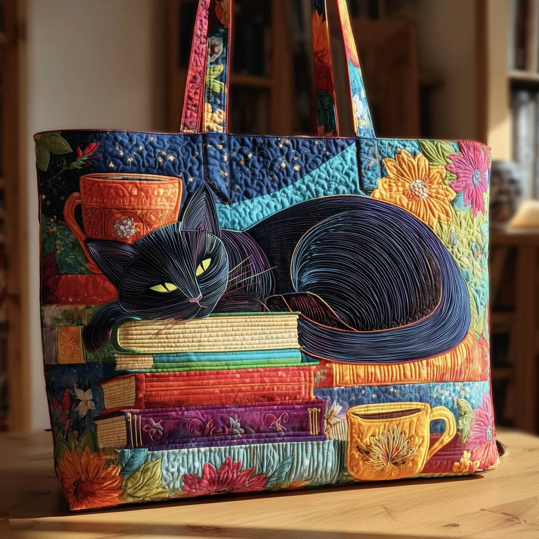 Angela | Borsa Gatto Nero Fatta a Mano con Libri e Tazze
