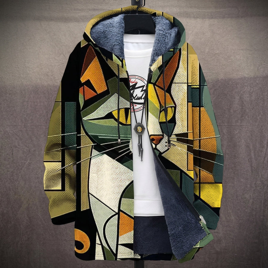 Renata | Cappotto con Cappuccio a Gatto Cubista Oliva e Giallo