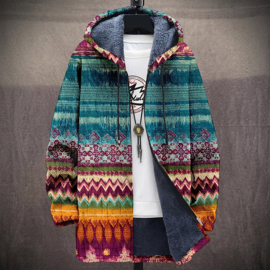 Elvira | Cappotto con Cappuccio a Righe Etniche Turchesi