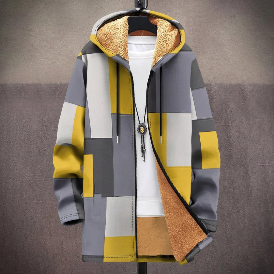 Lara | Cappotto con Cappuccio a Blocchi Grigi e Gialli