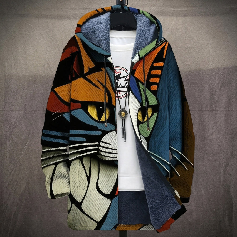 Fulvia | Cappotto con Cappuccio a Gatto Cubista Arancio e Blu