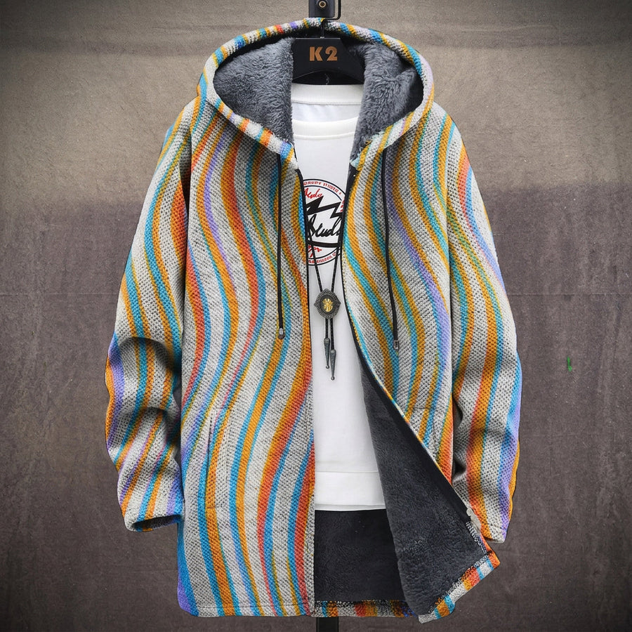 Giuliana | Cappotto con Cappuccio a Righine Beige e Blu