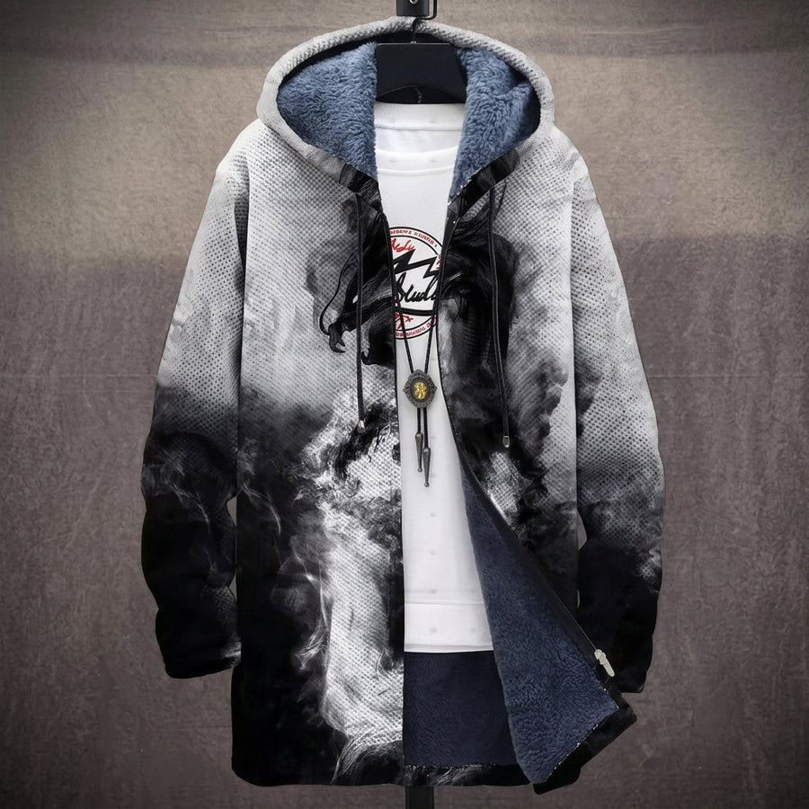 Cinzia | Cappotto con Cappuccio a Motivo Fumo Bianco e Nero