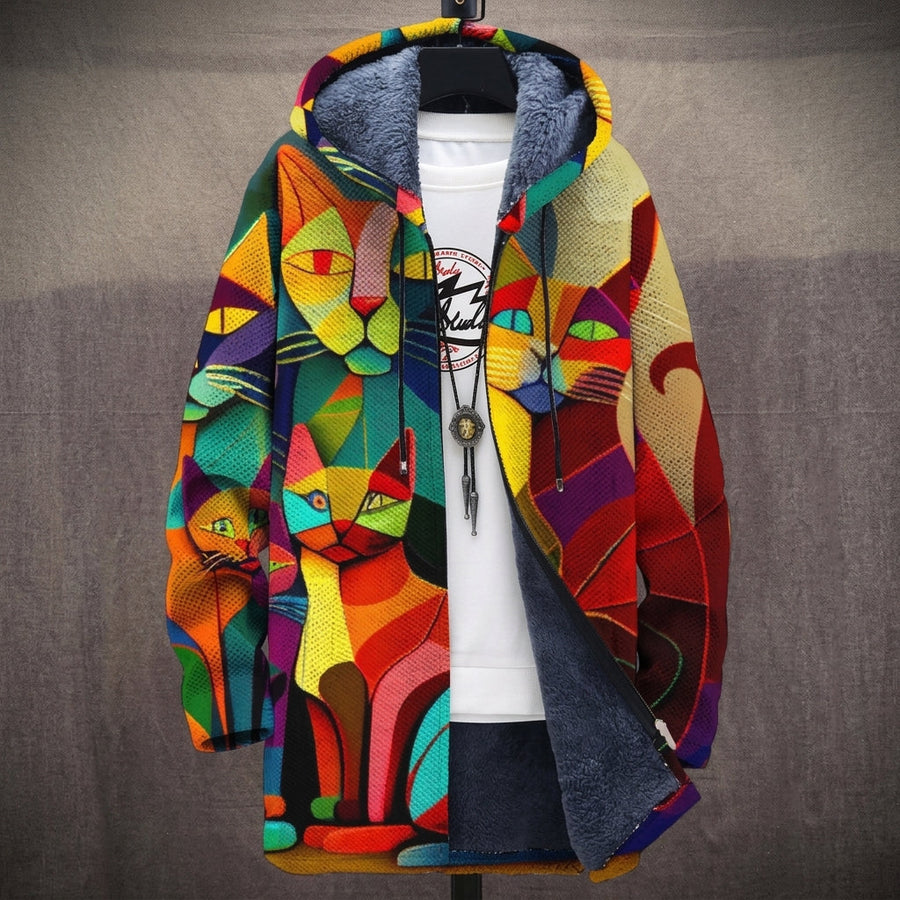 Sonia | Cappotto con Cappuccio a Gatto Cubista Rosso e Giallo