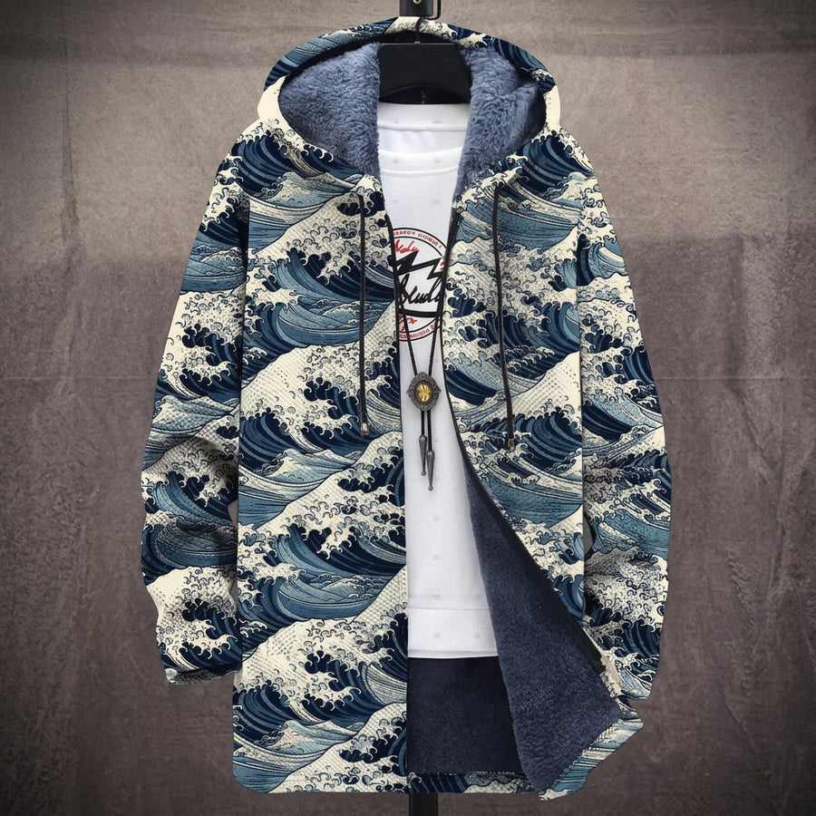 Mariella | Cappotto con Cappuccio a Onde Giapponesi Blu e Crema