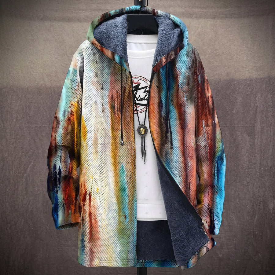 Celeste | Cappotto con Cappuccio ad Acquerello Astratto