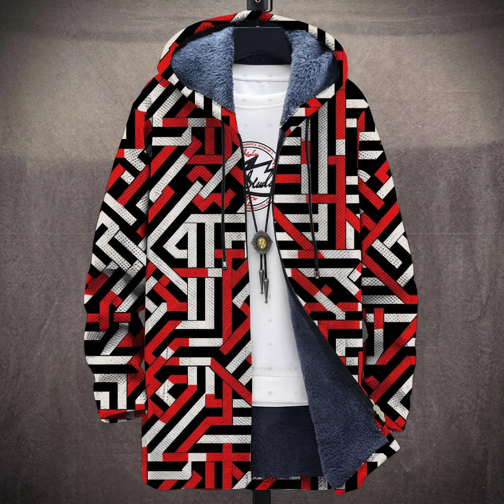 Rachele | Cappotto con Cappuccio a Labirinto Rosso e Nero