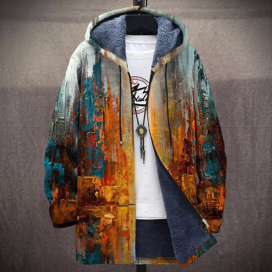 Anita | Cappotto con Cappuccio a Pittura Astratta Arancio e Blu