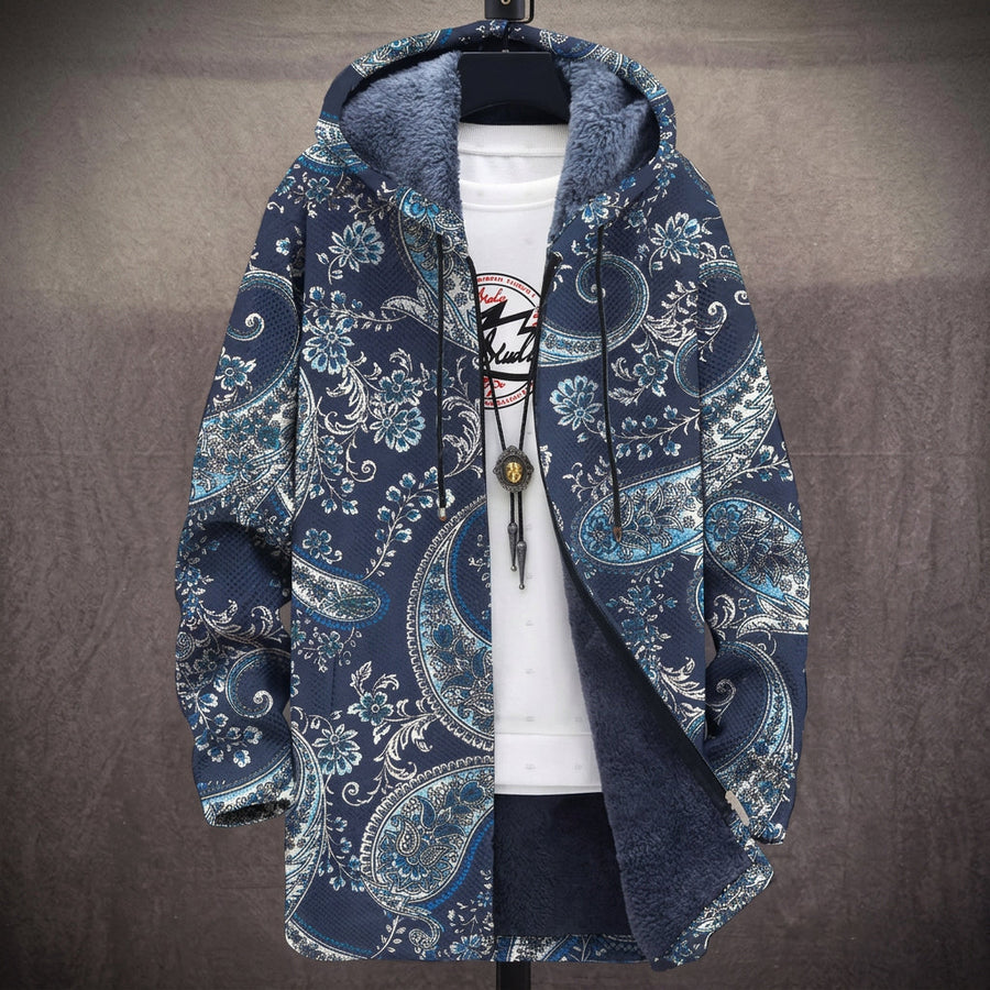 Diletta | Cappotto con Cappuccio a Motivo Cachemire Blu Navy