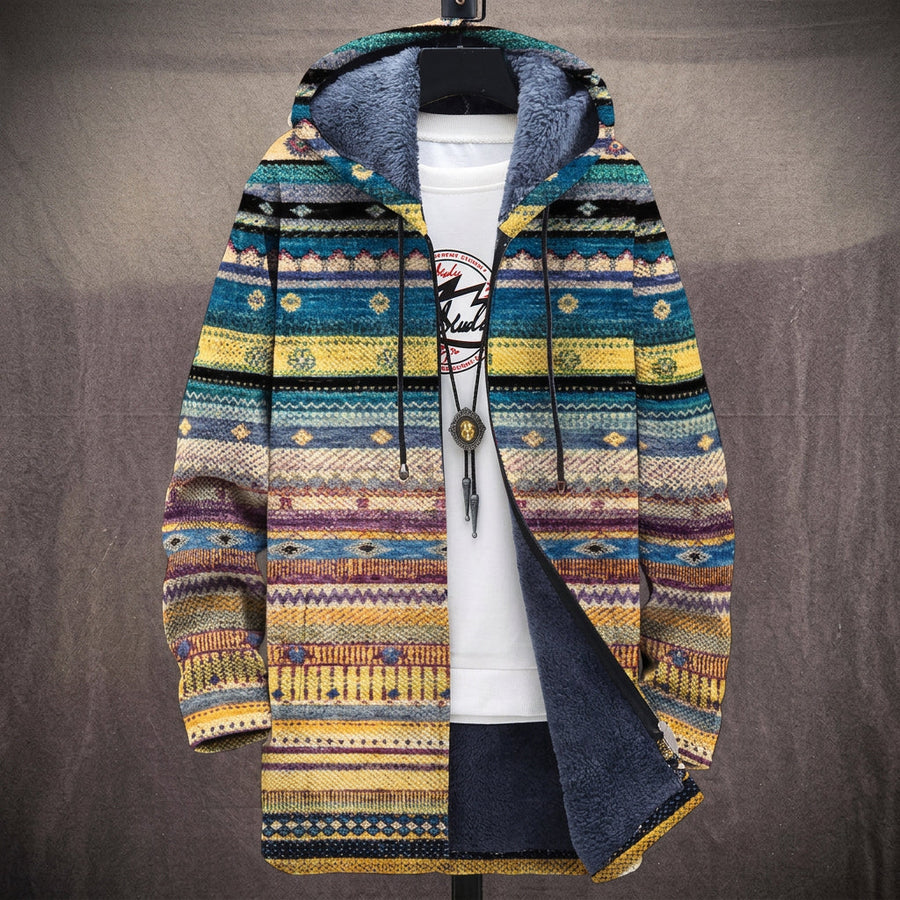 Gemma | Cappotto con Cappuccio a Righe Etniche Gialle e Turchesi